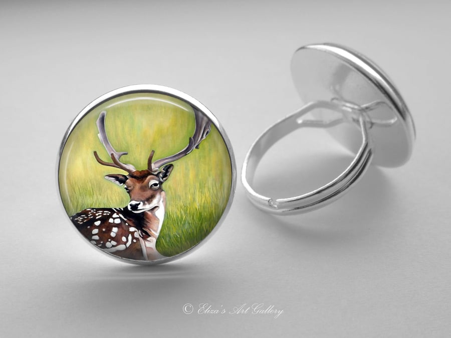 Silver Plated Fallow Deer Art Glass Cabochon Ring