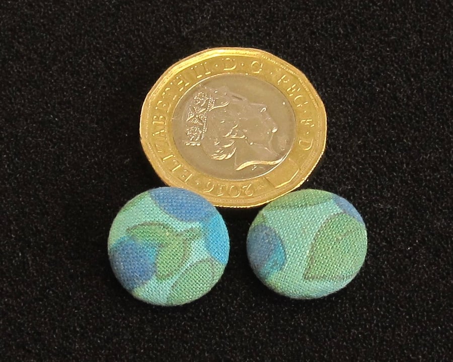 Vintage Buttons: Blue and Green fabric buttons 2x 14mm