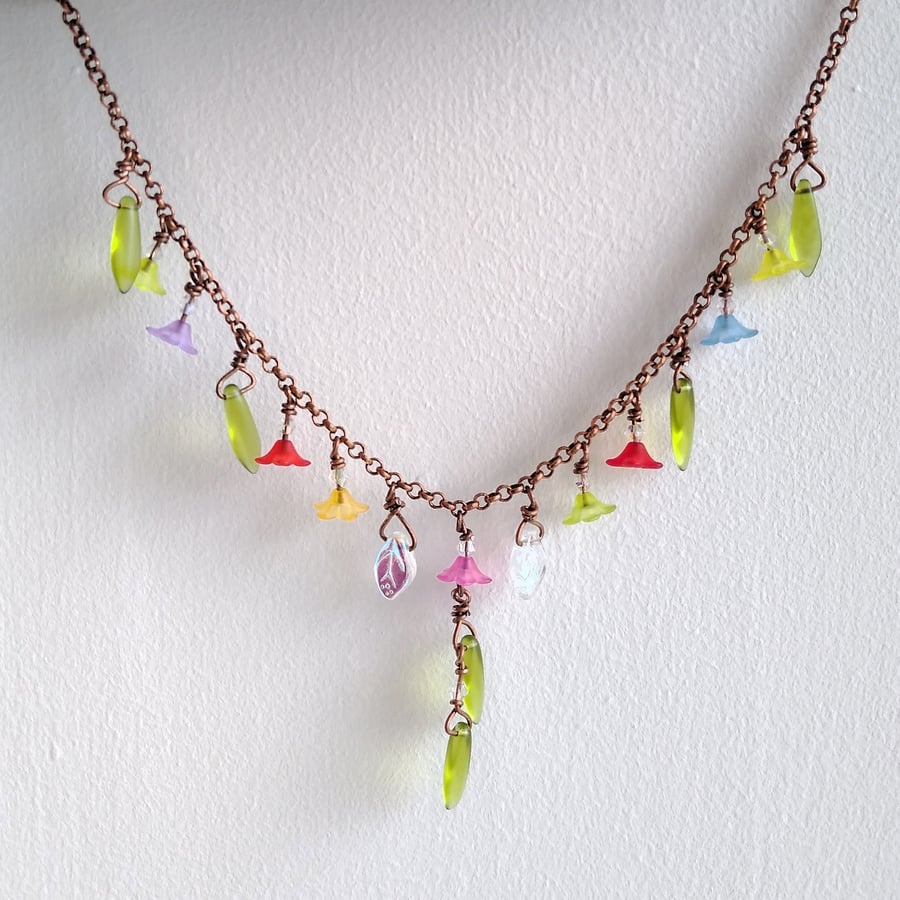 Antique Copper & Multicoloured Flower Garden 16 Inch Charm Necklace 