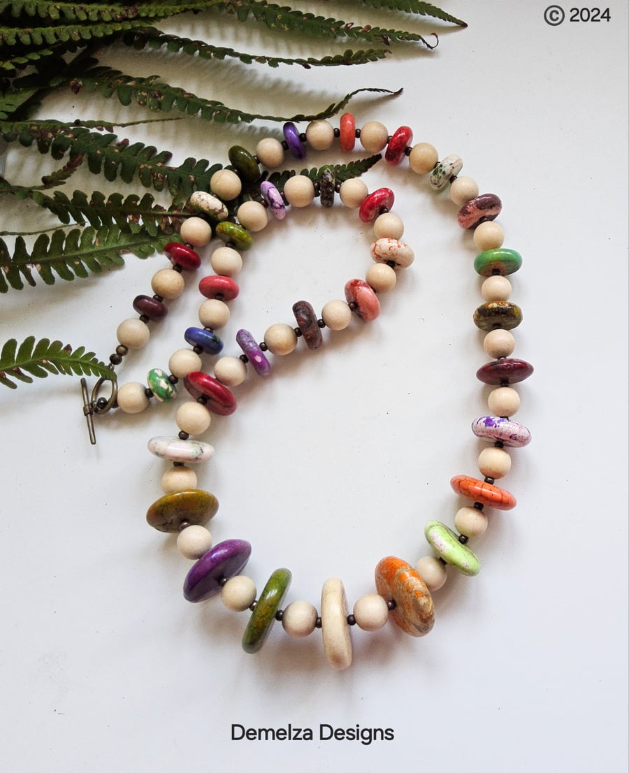 Statement Howlite & Wood Necklace Antique Copper Finish