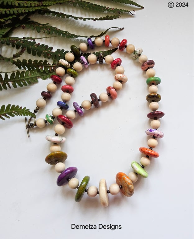 Statement Howlite & Wood Necklace Antique Copper Finish