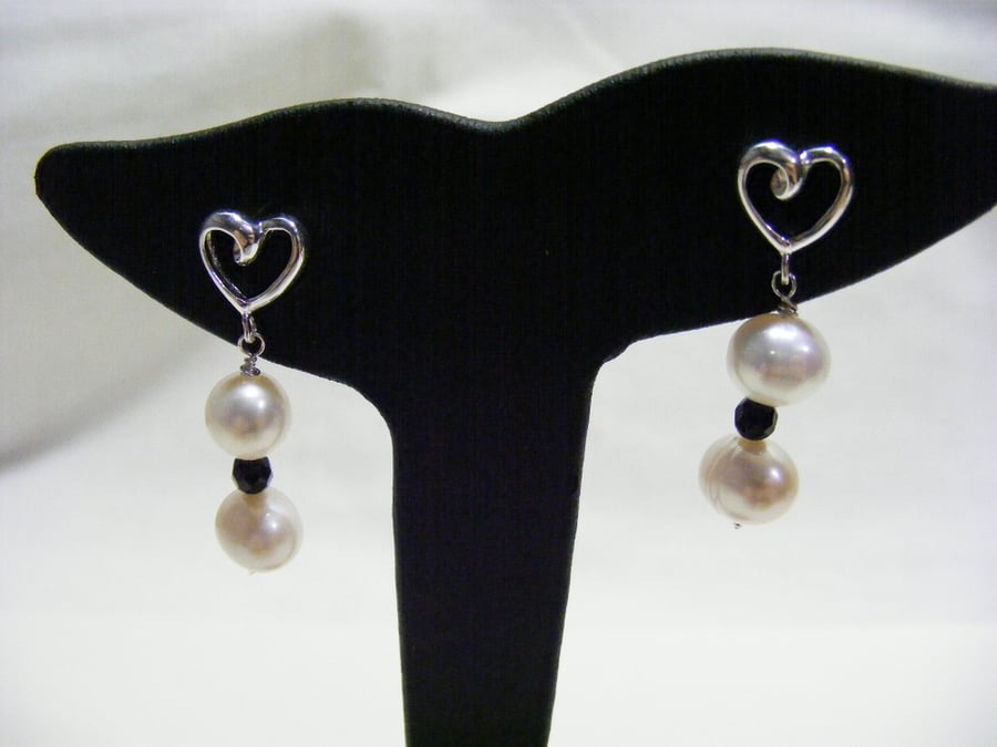 White Freshwater Cultured Pearl, Black Agate and 925 Sterling Silver Earrings