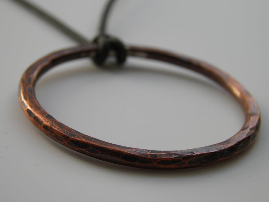 Copper Necklace on Leather Large Circle Handcrafted 