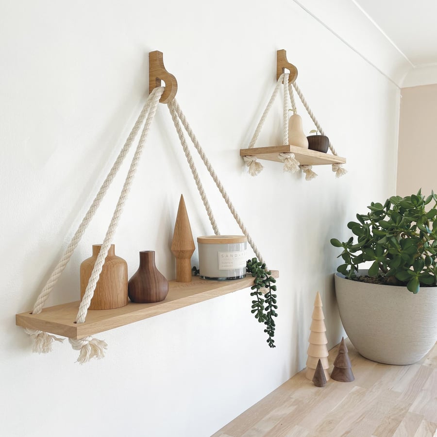 Oak Hanging Shelf, rope shelf, swing shelf, nursery decor, living room