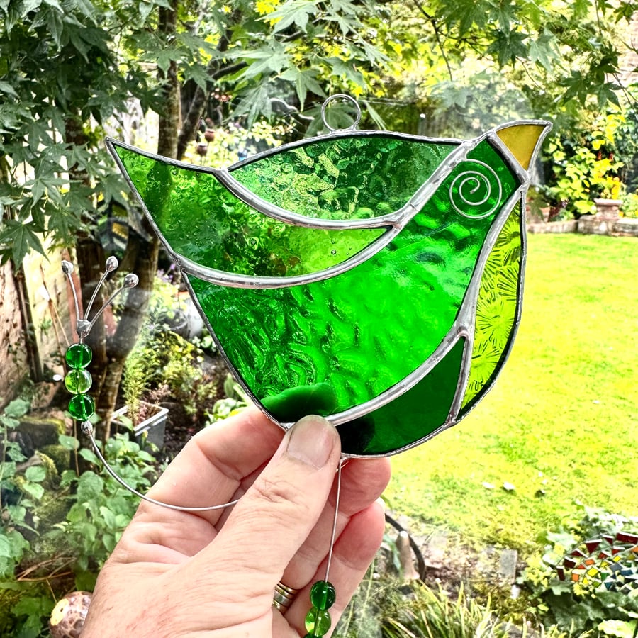 Stained Glass Funky Bird Suncatcher  - Green