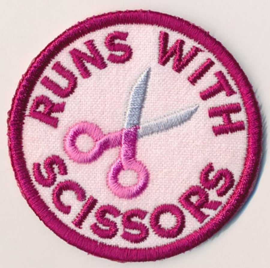 Runs With Scissors Embroidered Patch for jackets, sweatshirts, bags & more. d