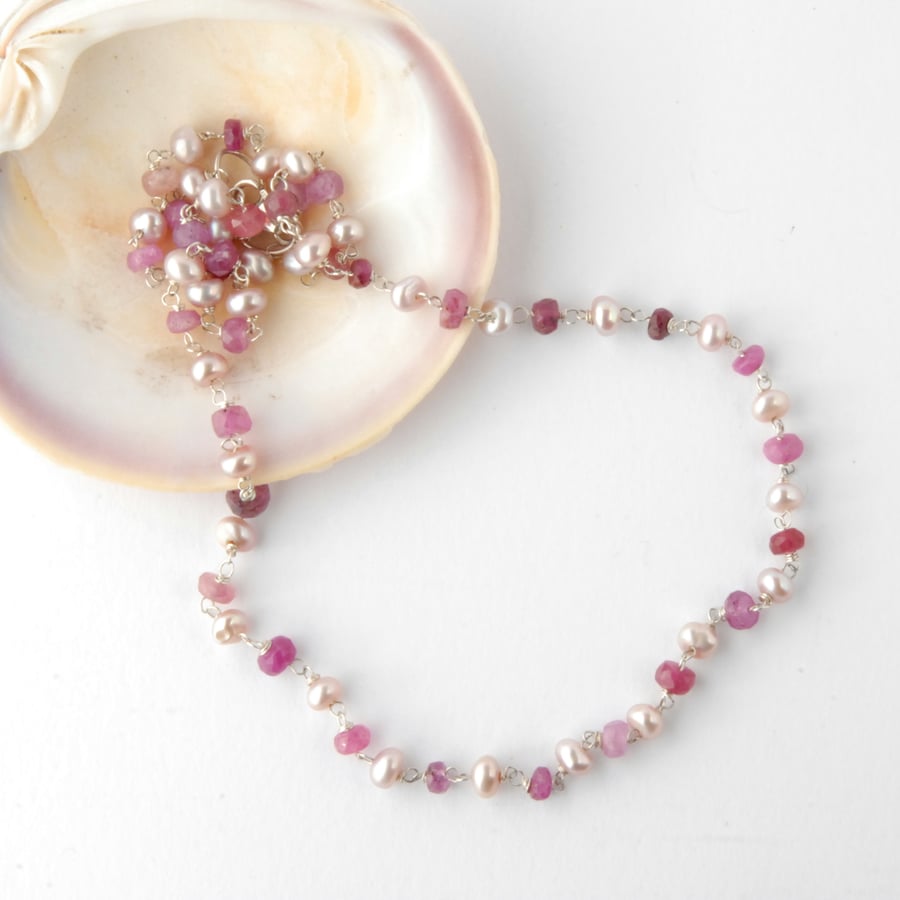 Dainty pink pearl and sapphire necklace