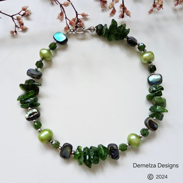 Green Russian Diopside, Abalone Shell, Freshwater Pearl Sterling Silver Bracelet