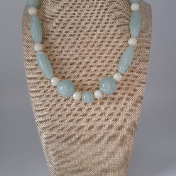 Aqua and cream beaded necklace