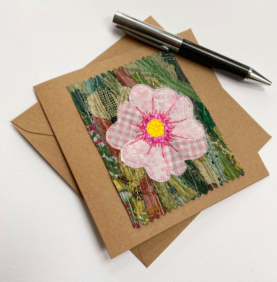 Up-cycled embroidered primrose flower garden card. 