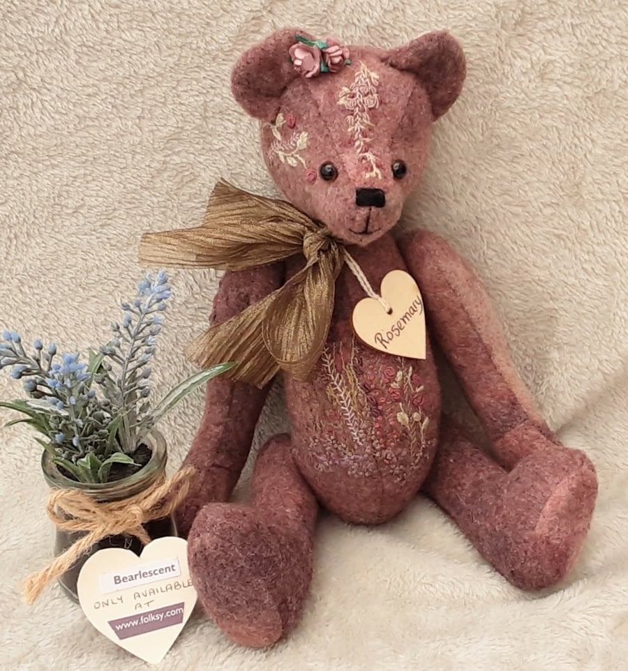 Hand embroidered artist bear.One of a kind collectable teddy bear, hand dyed 
