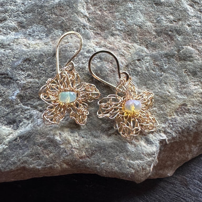 Gold Filled Crochet Flower Earrings With Opal