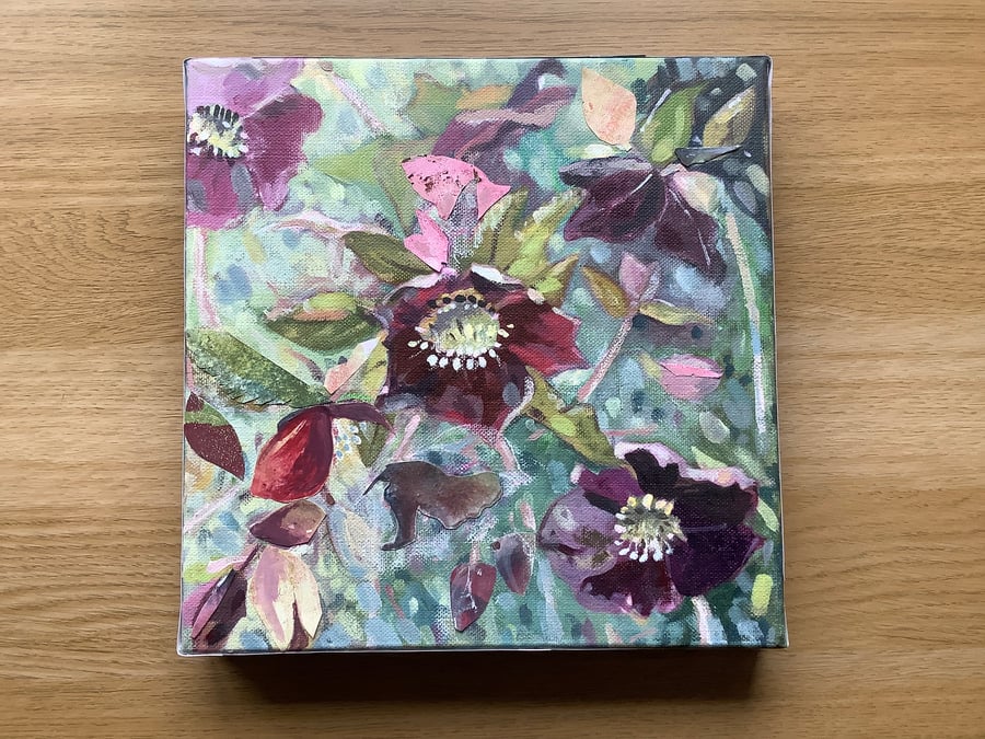 Original, hand painted acrylic and collaged picture of hellebore  flowers.