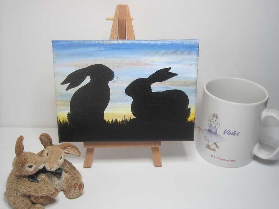 Rabbit Silhouette Original Bunny Painting on Mini Canvas with Easel