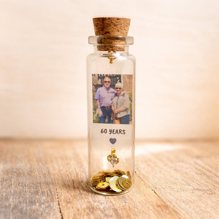 Personalised 60th Diamond Anniversary Photo Message Bottle Keepsake