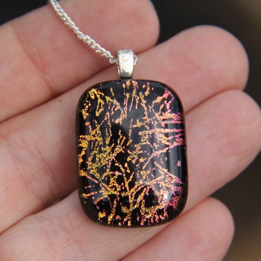 Orange Gold  Pattern Dichroic Glass Pendant,  Fused Glass Necklace F27