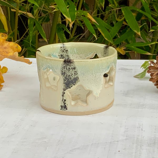Tealight Candle Holder with aurora green & sea salt glaze