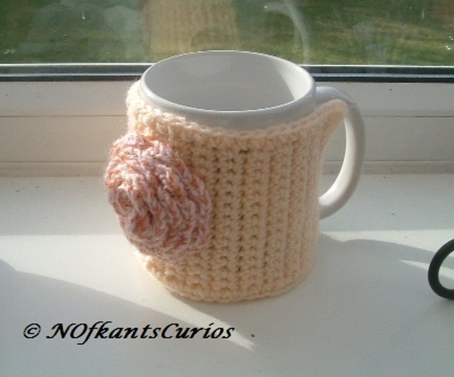 Peach and Rose!  Crocheted Mug Cosy with structural Crocheted Rose