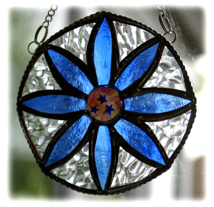 Daisy Ring Stained Glass Suncatcher Blue Handmade