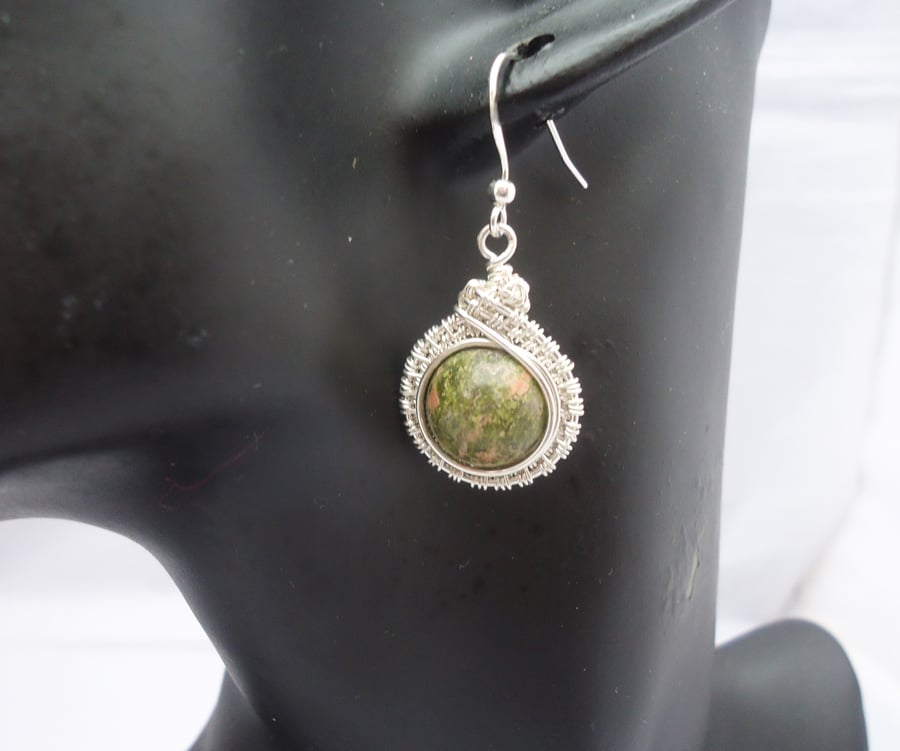 Wire Wrapped Unakite Earrings, Green Gemstone Earrings, Gift for Her