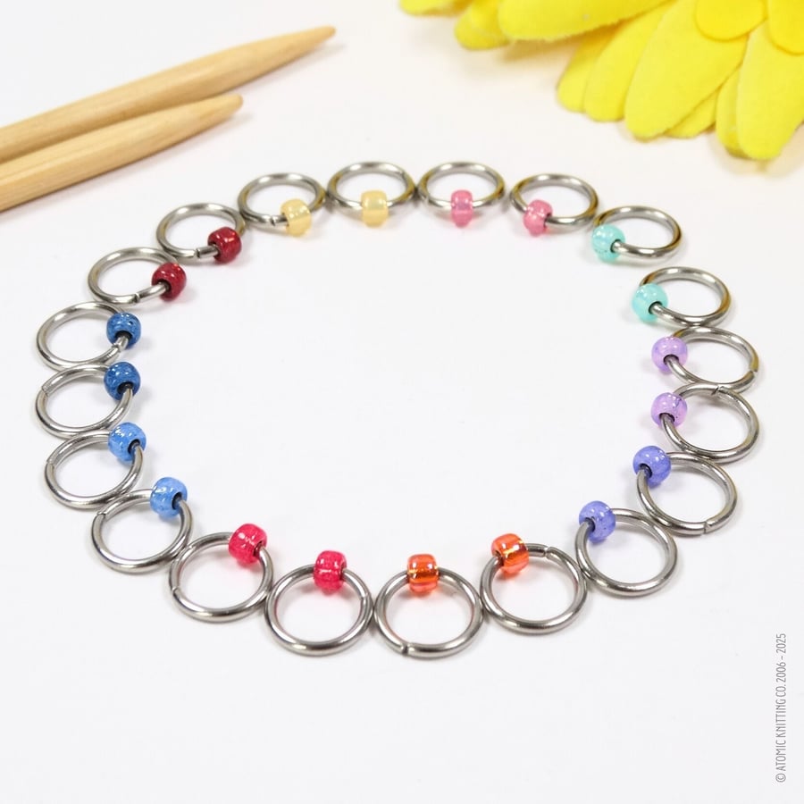 Jewel Beaded Ring Stitch Markers - Rainbow Jewel - Pack of 20
