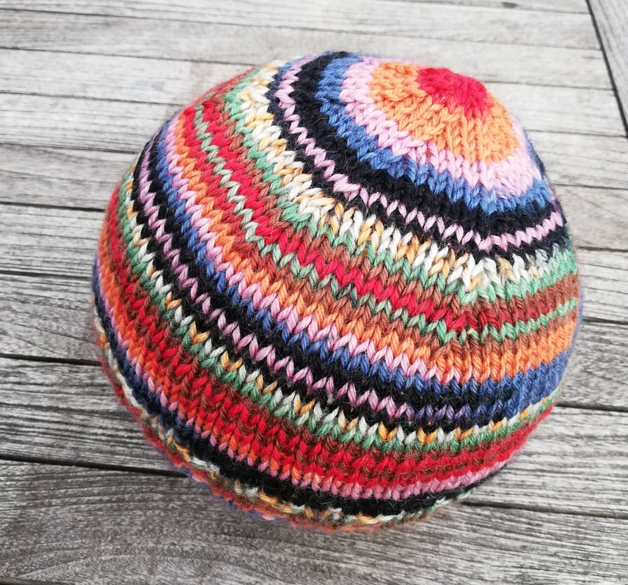 Hand knitted, Pure Wool, Striped Hat - size Child to Small Adult.