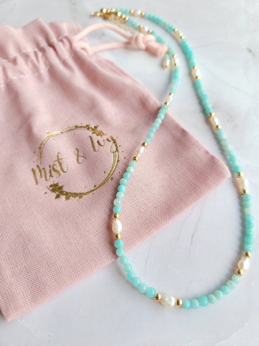 Pearl and Amazonite Handmade Necklace 14kt Gold Filled