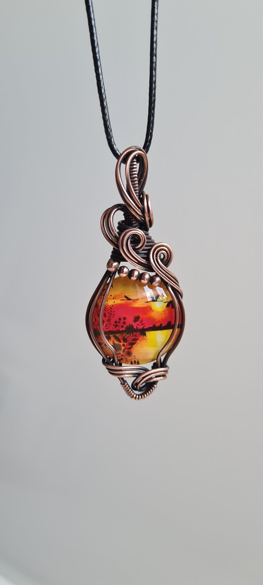 Handmade Red Yellow Sunset Glass & Copper Wire Wrapped Necklace Pendant Gift