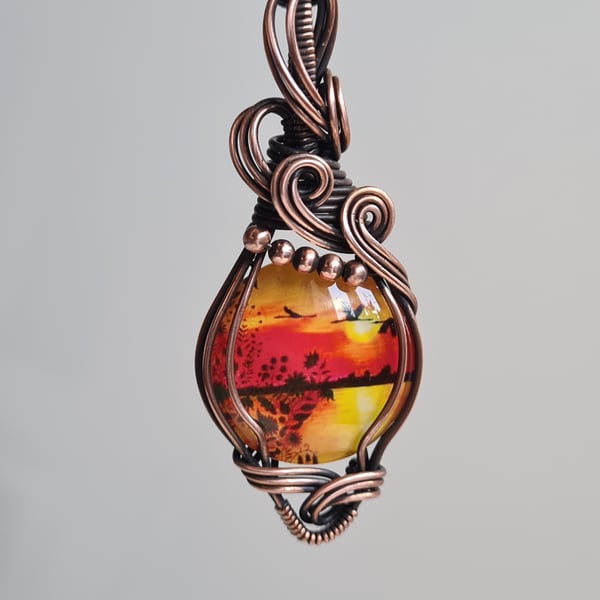 Handmade Red Yellow Sunset Glass & Copper Wire Wrapped Necklace Pendant Gift