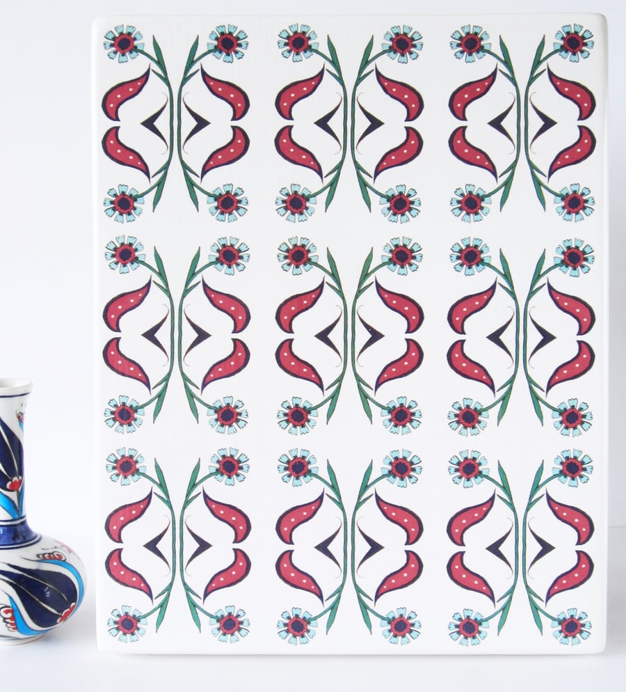 Ottoman Inspired Daisy Pattern Chunky Ceramic Wall Plaque Ready to Hang