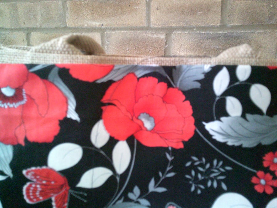 Poppies and Silver Foliage pocket on a Medium Jute Bag