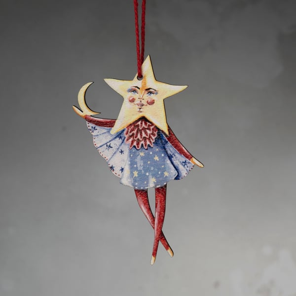 Wooden hanging ornament of a star girl called Jasmine. All year round decoration