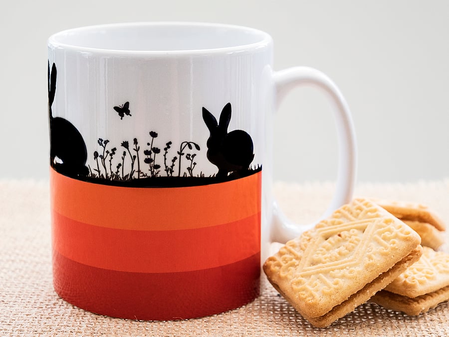 Orange Hares and Rabbits Coffee Mug for Nature and Countryside Lovers