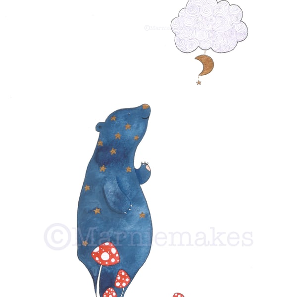 Blue Bear Has A Dream - A4 hand-finished giclee print 
