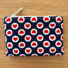 Small zipped fabric purse, pouch, make up bag, in navy with red hearts