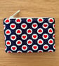 Small zipped fabric purse, pouch, make up bag, in navy with red hearts