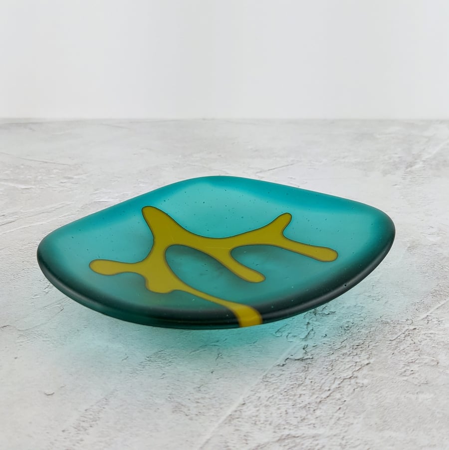 Glass Trinket Dish in Teal Green with Seaweed Motif