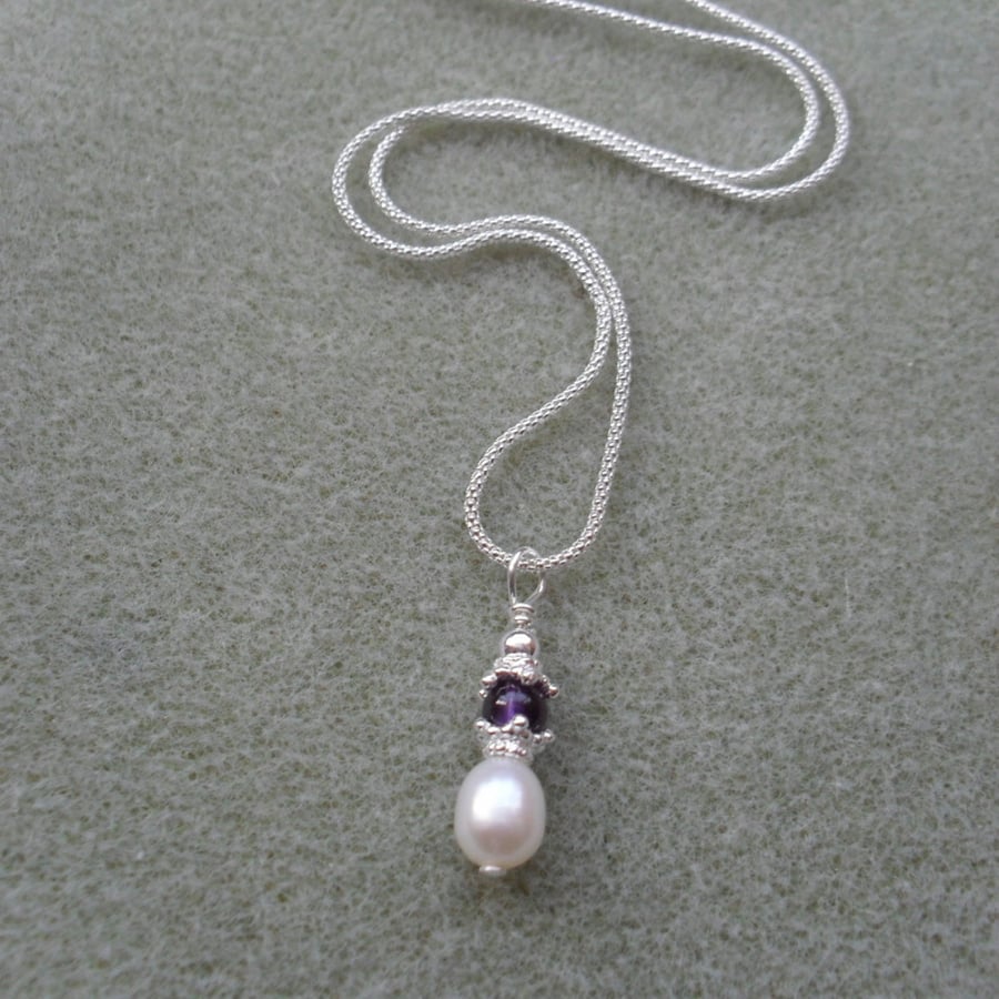 Freshwater Pearl and Amethyst Sterling Silver Pendant February Birthday 