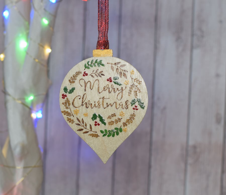 Wooden  Pyrography & Hand Painted Bauble 