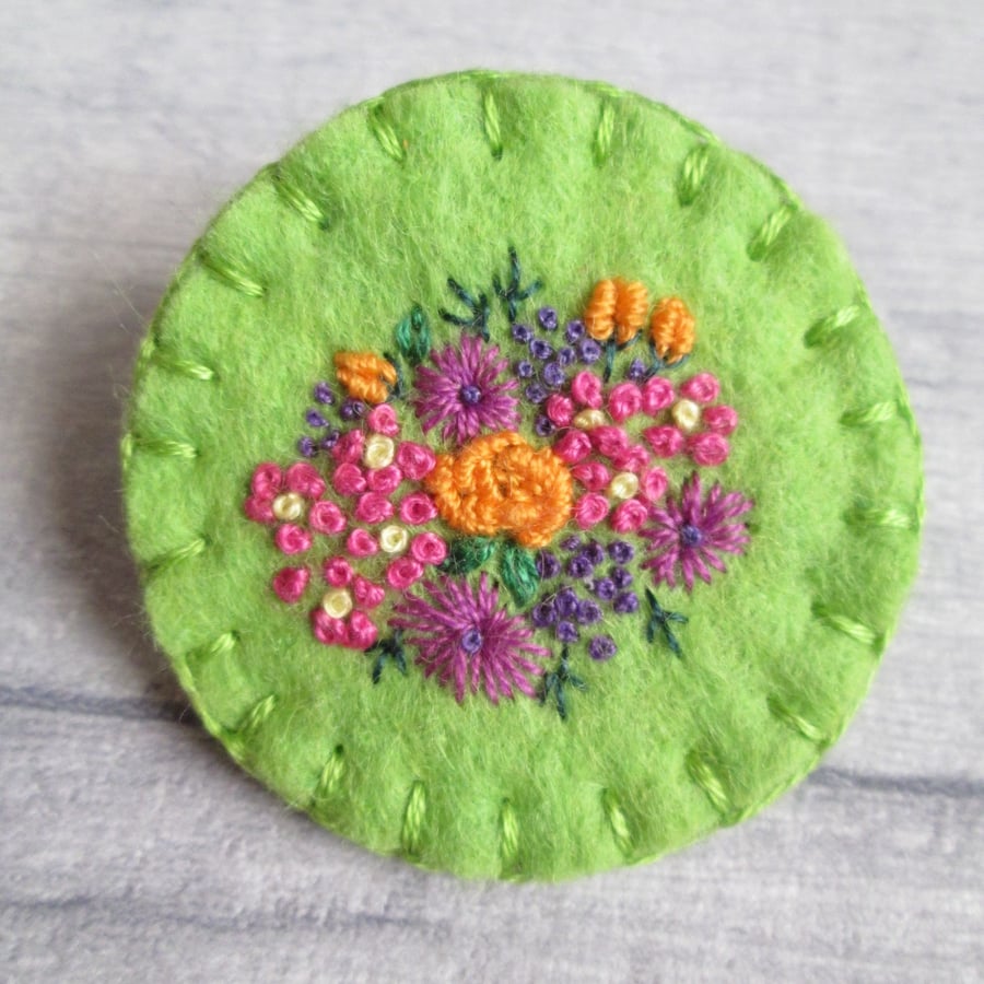 Hand Embroidered Floral Brooch - Bright Flowers on Lime Green