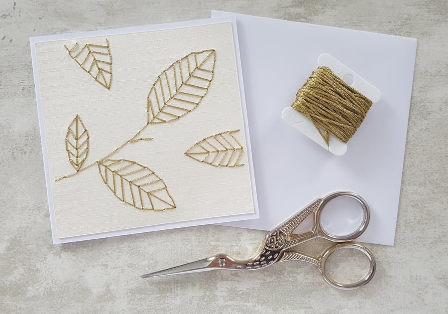 Gold Stitched Leaves Card, Hand Embroidered Leaves Card