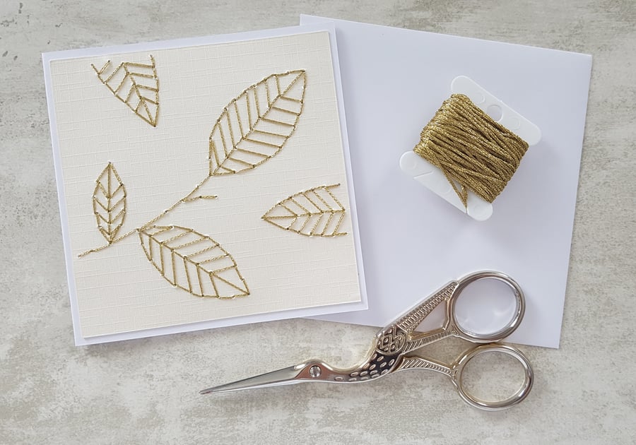 Garden Lovers Leaves Card, Hand Stitched Keepsake Card