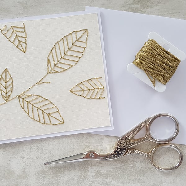 Garden Lovers Leaves Card, Hand Stitched Keepsake Card