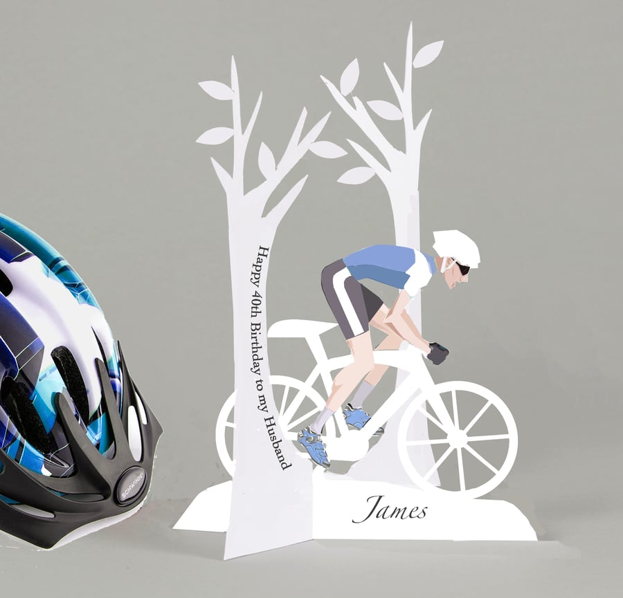Personalised 3D Cycling Birthday card Paper cut any age for a Son Husband Dad...