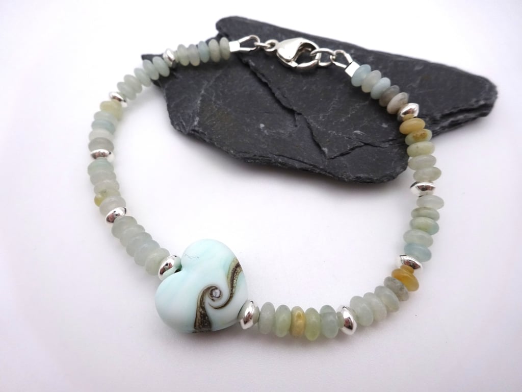 lampwork glass heart and amazonite gemstone bracelet