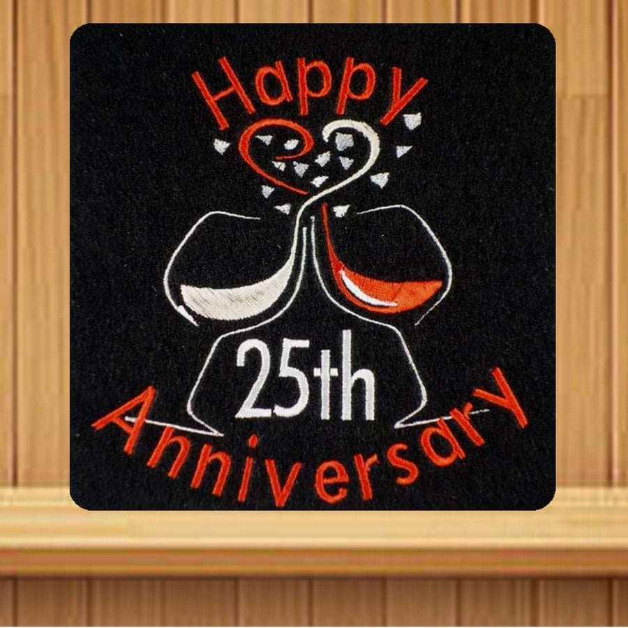 Handmade 25th silver anniversary greetings card embroidered design
