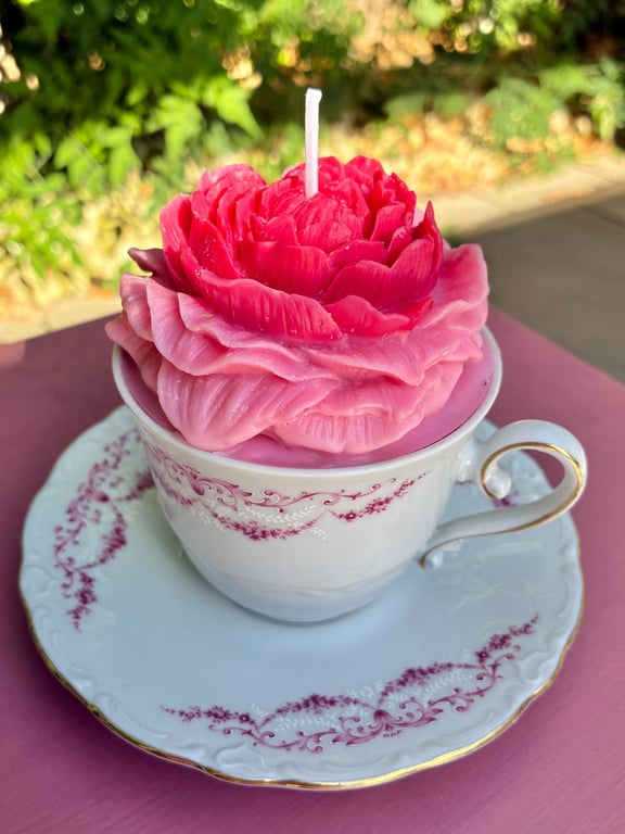 Rose Soy Candle in Tea Cup with Saucer - Clean and Unscented