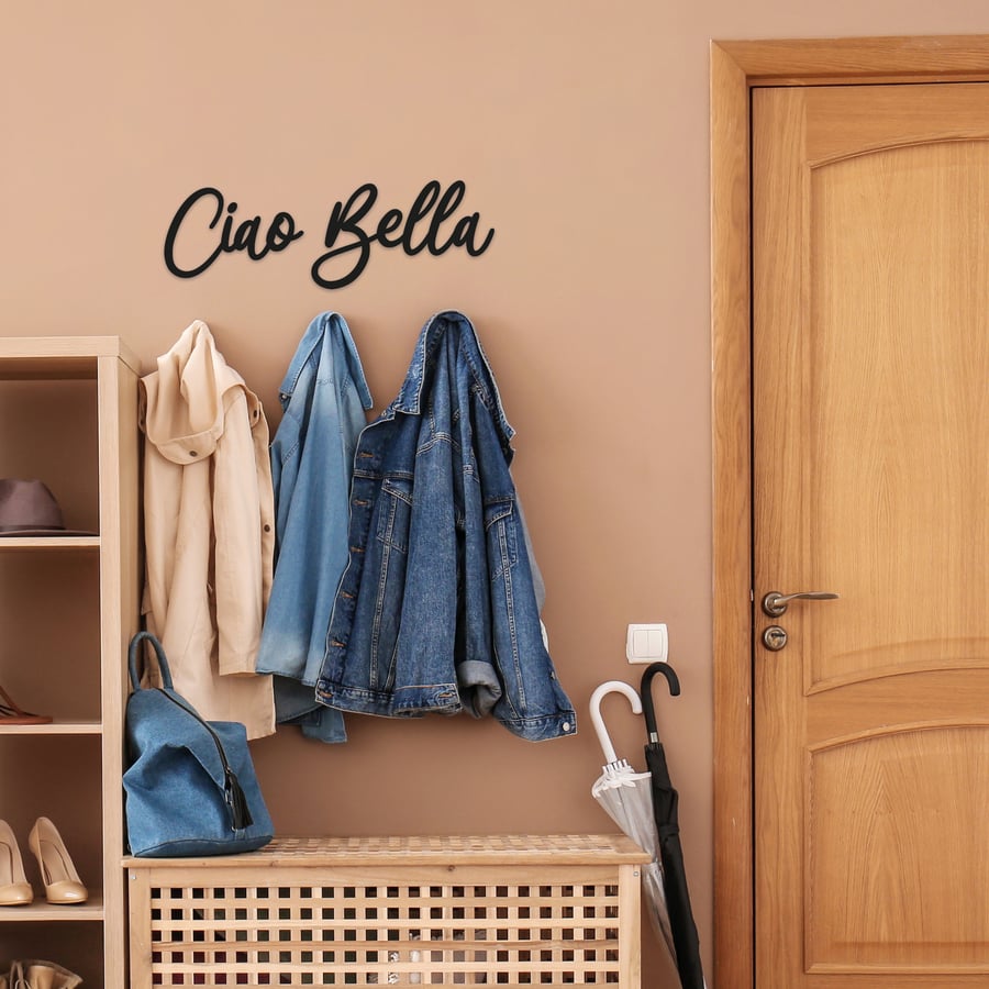 Ciao Bella - Wooden Script Wall Sign For Entryway, Hallway, Front Door, Goodbye 