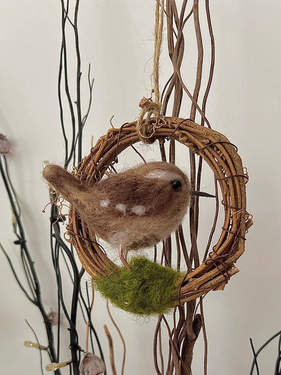 Wren needle felted hanging decoration 