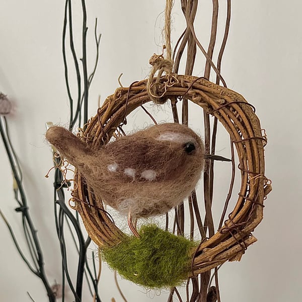 Wren needle felted hanging decoration 